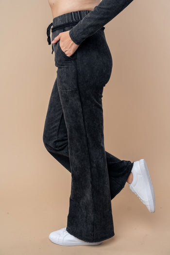 White Birch High Waisted Mineral Washed Lightweight Knit Pants in Black