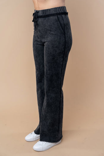 White Birch High Waisted Mineral Washed Lightweight Knit Pants in Black