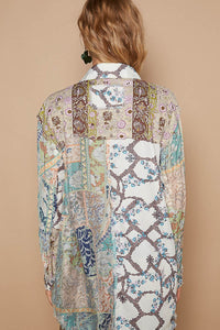 POL Loose Fit Woven Mixed Print Button Up Top in Green Multi