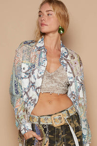 POL Loose Fit Woven Mixed Print Button Up Top in Green Multi