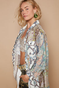 POL Loose Fit Woven Mixed Print Button Up Top in Green Multi