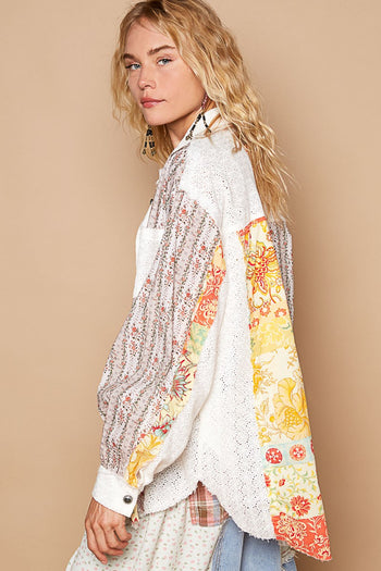 POL Mix N Match Eyelet Lace and Floral Woven Top in Off White Multi