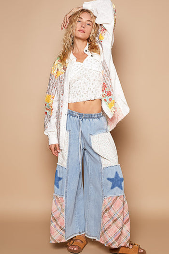 POL Mix N Match Eyelet Lace and Floral Woven Top in Off White Multi