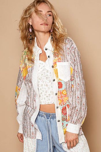 POL Mix N Match Eyelet Lace and Floral Woven Top in Off White Multi