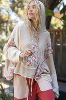 POL OVERSIZED Floral Peace Sign Patch Hooded Top in Almond