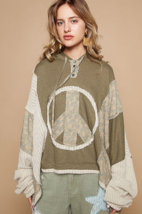 POL OVERSIZED Floral Peace Sign Patch Hooded Top in Dried Olive