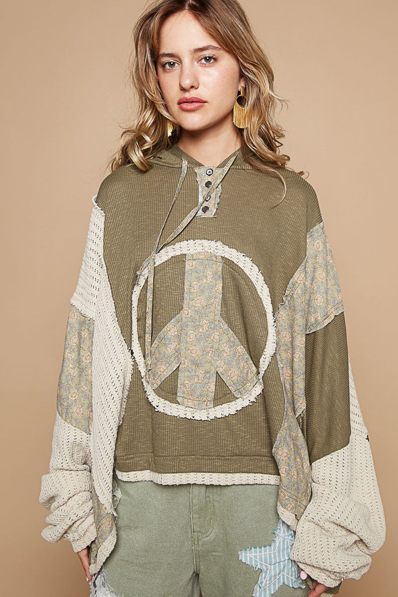 POL OVERSIZED Floral Peace Sign Patch Hooded Top in Dried Olive