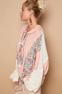 POL OVERSIZED Floral Peace Sign Patch Hooded Top in Salmon Pink