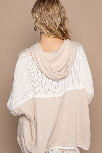 POL OVERSIZED Floral Peace Sign Patch Hooded Top in Almond