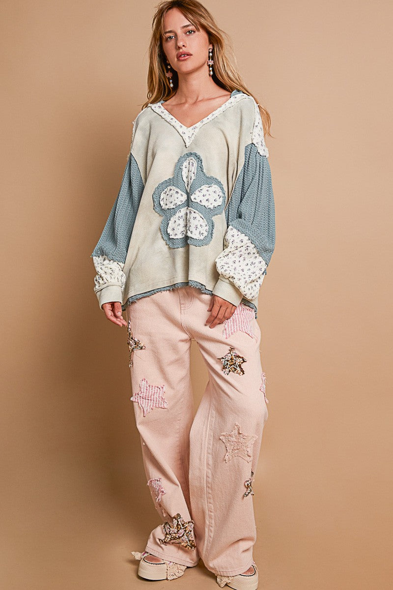 POL Thermal Knit Hooded Top with Cotton Gauze Flower Patch in Sage