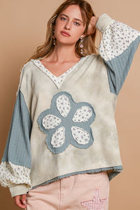 POL Thermal Knit Hooded Top with Cotton Gauze Flower Patch in Sage