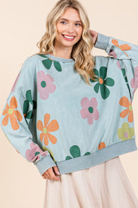 Mittoshop Mineral Washed French Terry Flower Print Sweatshirt in Blue Haze