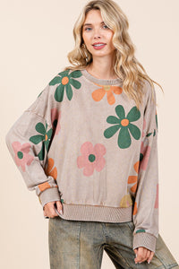 Mittoshop Mineral Washed French Terry Flower Print Sweatshirt in Mocha