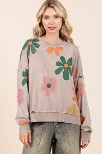 Mittoshop Mineral Washed French Terry Flower Print Sweatshirt in Mocha