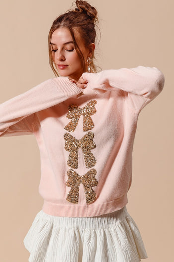 So Me Knit Sweater with Sequin Bows in Blush/Gold