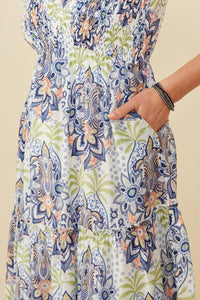 Hayden Mandala Print Tiered Dress in Blue