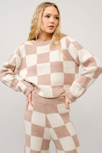 Blue B Cozy Knit Checkerboard Set in Beige Ivory