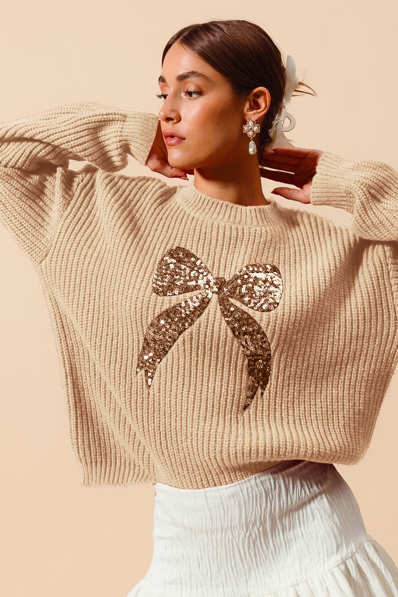 So Me Christmas Holiday Sequin Ribbon Sweater in Taupe/Gold