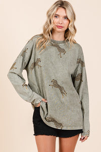 Mittoshop Mineral Washed Cheetah Print Top in Sage