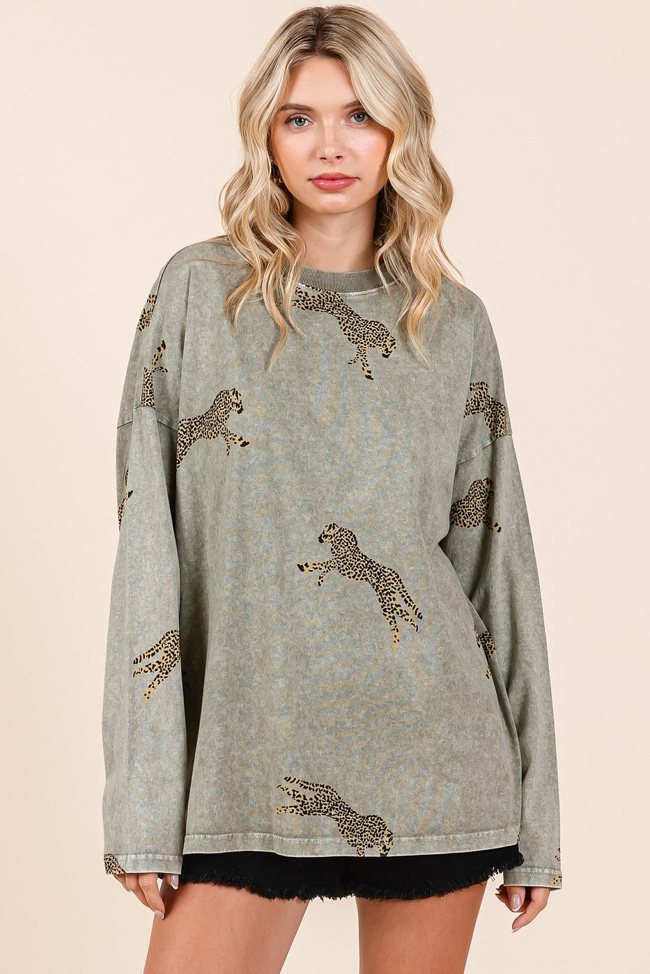 Mittoshop Mineral Washed Cheetah Print Top in Sage