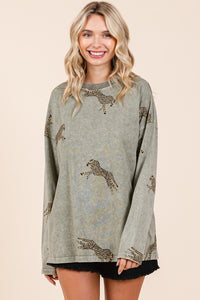 Mittoshop Mineral Washed Cheetah Print Top in Sage