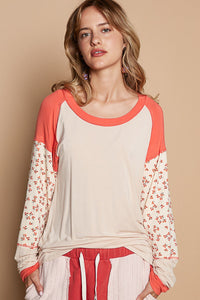 POL Jersey Knit FITTED Top with Floral Print Details in Almond