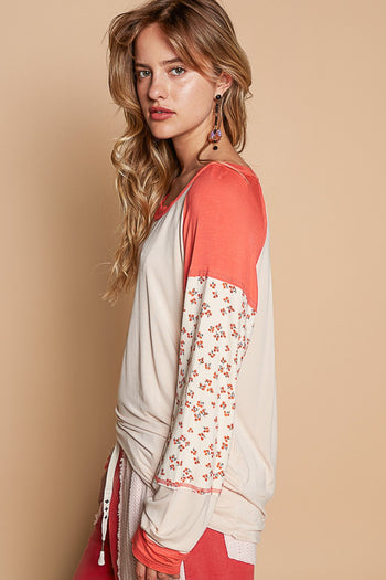POL Jersey Knit FITTED Top with Floral Print Details in Almond