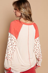 POL Jersey Knit FITTED Top with Floral Print Details in Almond