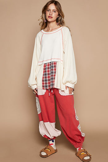 POL Mixed Print and Fabrics Babydoll Top in Powder Cream