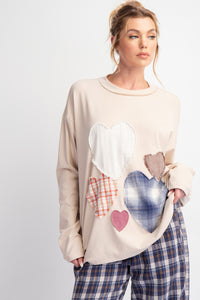 Easel OVERSIZED Heart Patched Knit Top in Beige