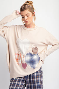 Easel OVERSIZED Heart Patched Knit Top in Beige