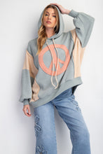 Load image into Gallery viewer, Easel Peace Sign Patch Ribbed Knit Pullover Hoodie in Dusty Blue
