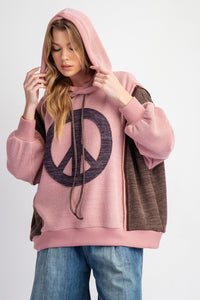 Easel Peace Sign Patch Ribbed Knit Pullover Hoodie in Mauve