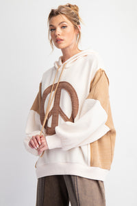 Easel Peace Sign Patch Ribbed Knit Pullover Hoodie in Ivory