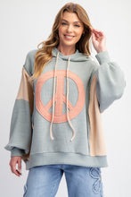 Load image into Gallery viewer, Easel Peace Sign Patch Ribbed Knit Pullover Hoodie in Dusty Blue
