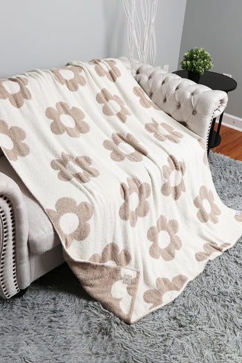 Reversible Throw Blanket with Daisy Pattern in Beige