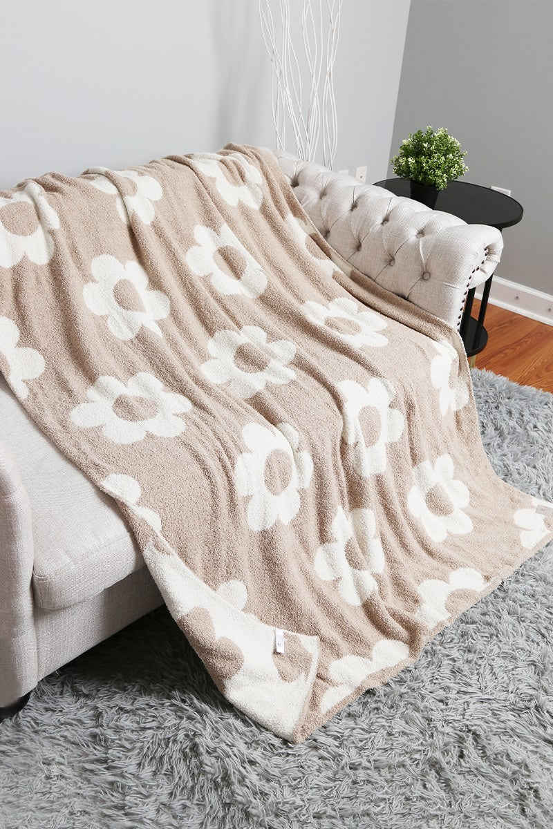 Reversible Throw Blanket with Daisy Pattern in Beige FINAL SALE
