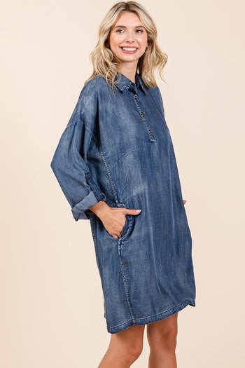 Mittoshop Washed Tencel Chambray Mini Dress in Denim