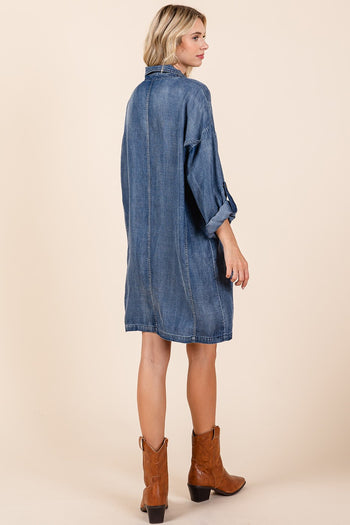 Mittoshop Washed Tencel Chambray Mini Dress in Denim