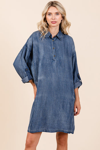Mittoshop Washed Tencel Chambray Mini Dress in Denim