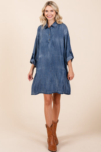 Mittoshop Washed Tencel Chambray Mini Dress in Denim