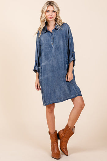 Mittoshop Washed Tencel Chambray Mini Dress in Denim