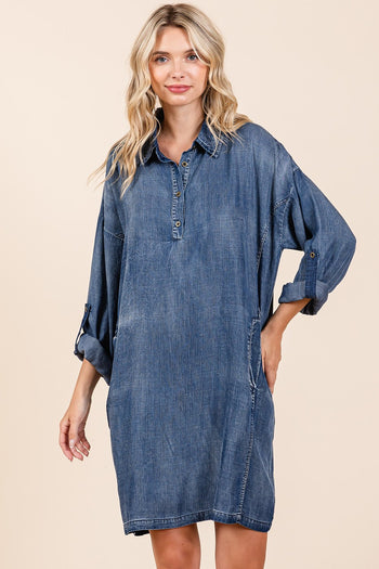 Mittoshop Washed Tencel Chambray Mini Dress in Denim
