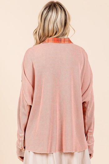 Mittoshop Mineral Washed Plaid and Waffle Knit Shacket in Rust