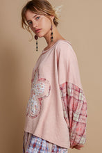 Load image into Gallery viewer, POL OVERSIZED Ribbed Knit and Plaid Top with Front and Back Flower Patch in Rose Pink
