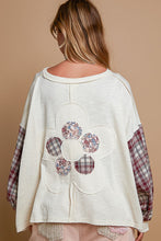 Load image into Gallery viewer, POL OVERSIZED Ribbed Knit and Plaid Top with Front and Back Flower Patch in Cream
