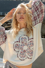 Load image into Gallery viewer, POL OVERSIZED Ribbed Knit and Plaid Top with Front and Back Flower Patch in Cream
