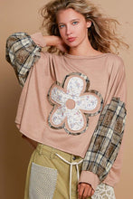 Load image into Gallery viewer, POL OVERSIZED Ribbed Knit and Plaid Top with Front and Back Flower Patch in Mocha
