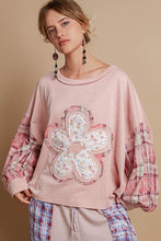 Load image into Gallery viewer, POL OVERSIZED Ribbed Knit and Plaid Top with Front and Back Flower Patch in Rose Pink
