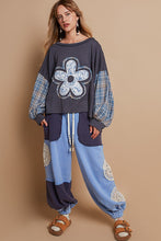 Load image into Gallery viewer, POL OVERSIZED Ribbed Knit and Plaid Top with Front and Back Flower Patch in Ink Charcoal
